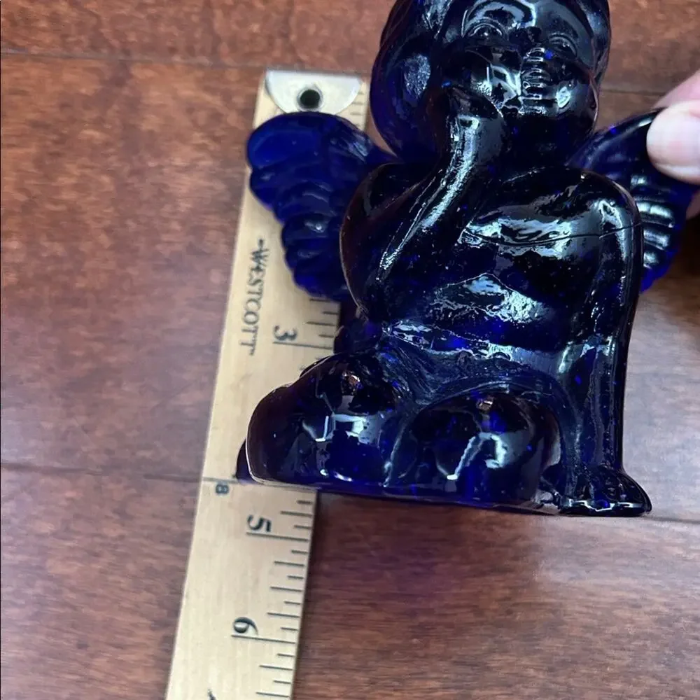 Vintage Deep Blue Cobalt Art Glass Cherub Angel Candle Holder